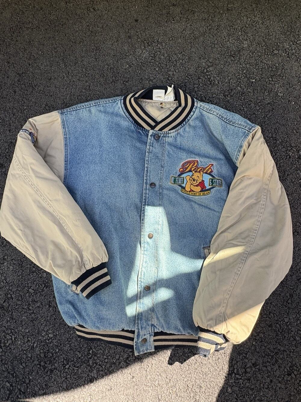Vintage 90s Disney Winnie The Pooh Varsity Denim Bomber Jacket L/XL Embroidered